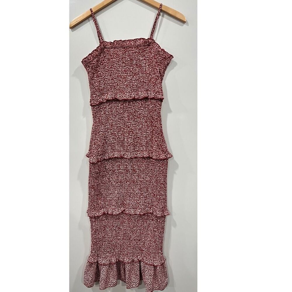 Tiered red dot pattern strapless midi dress small